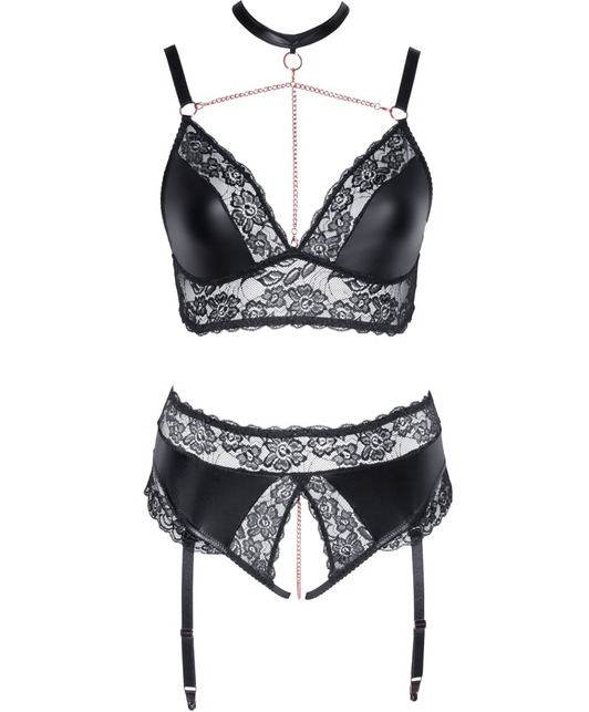 Cottelli Lingerie Black Matte Look Lace Crotchless Suspender Set