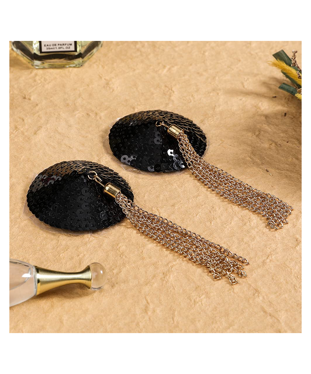 Chilirose CR 4714 black sequin pasties with chain tassels