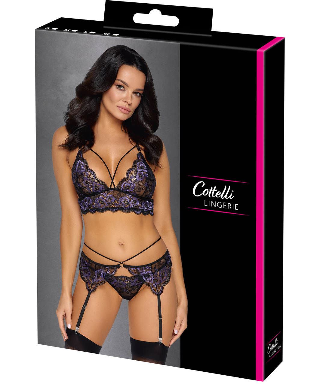 Cottelli Lingerie mustast pitsist pesukomplekt lilla tikandiga