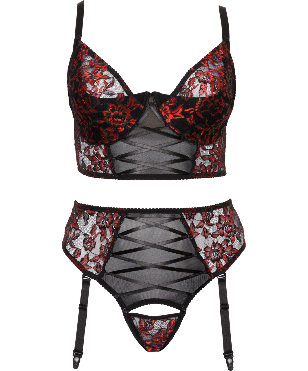 Cottelli Lingerie mustast pesukomplekt punase tikandiga