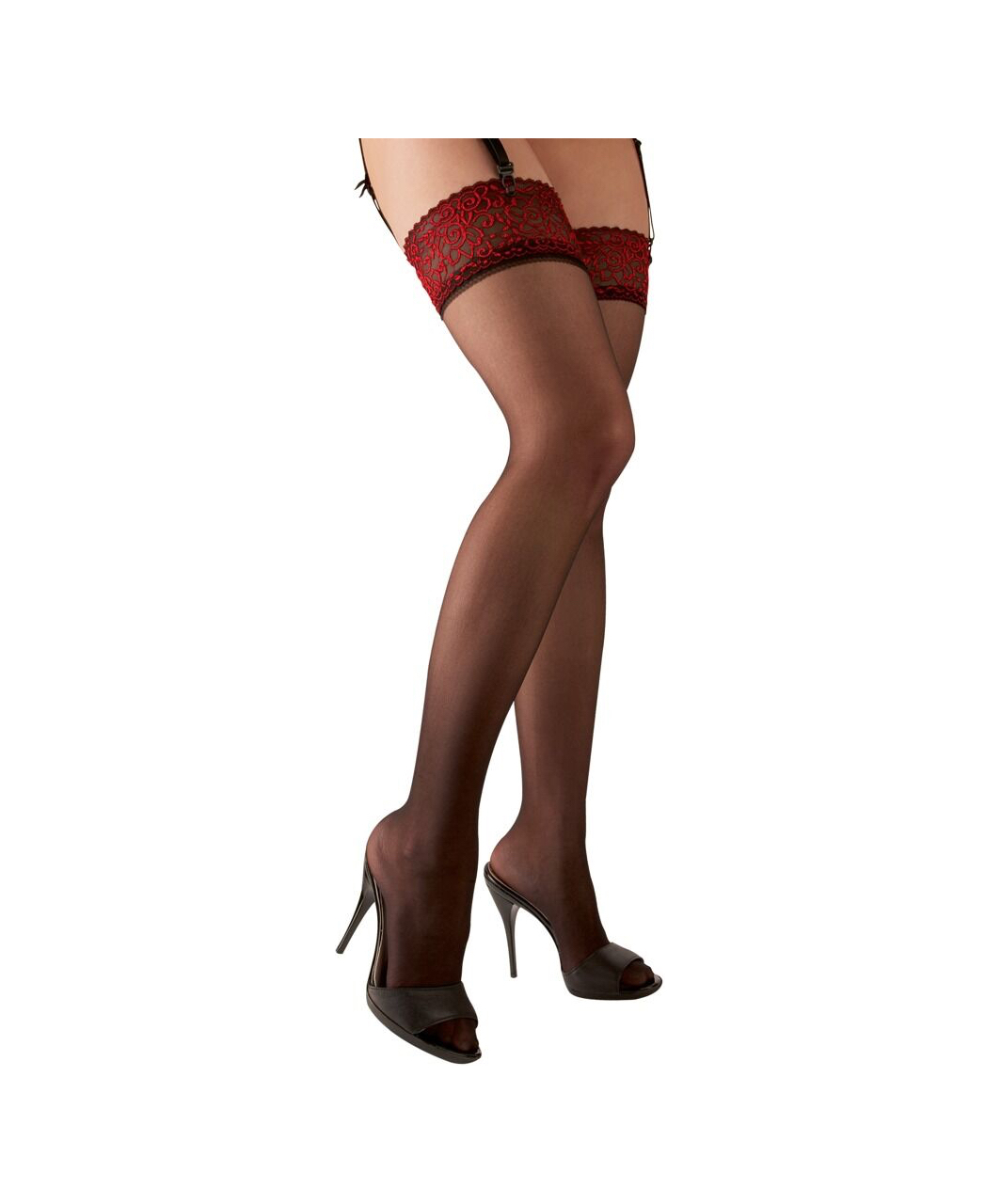 Cottelli Lingerie black suspender stockings with red embroidery