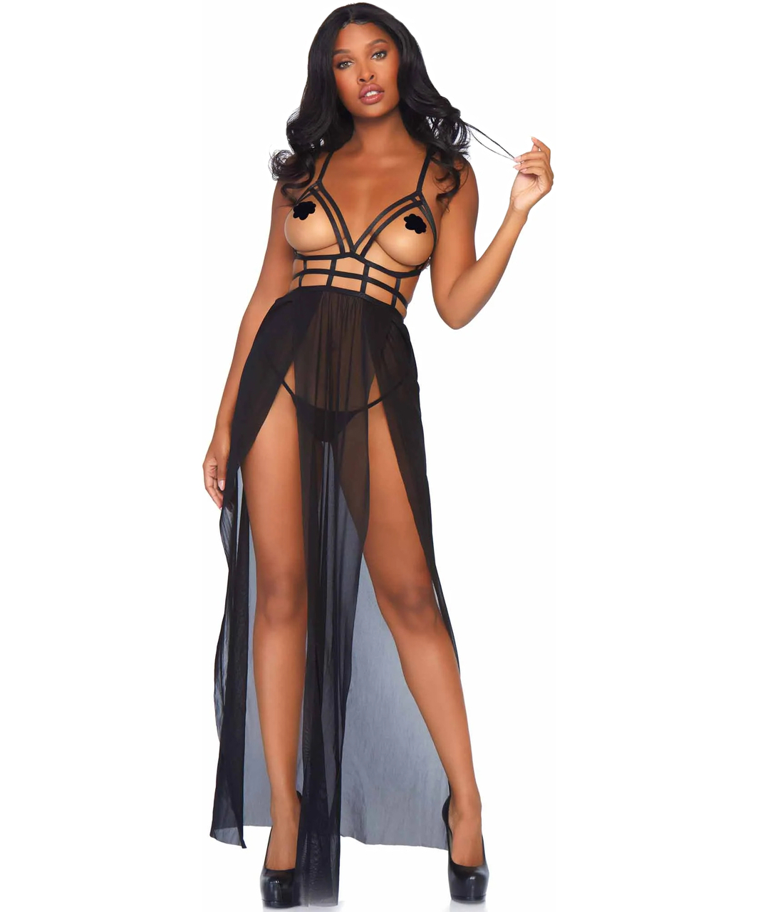 Leg Avenue Yours Always black sheer open cup lingerie gown