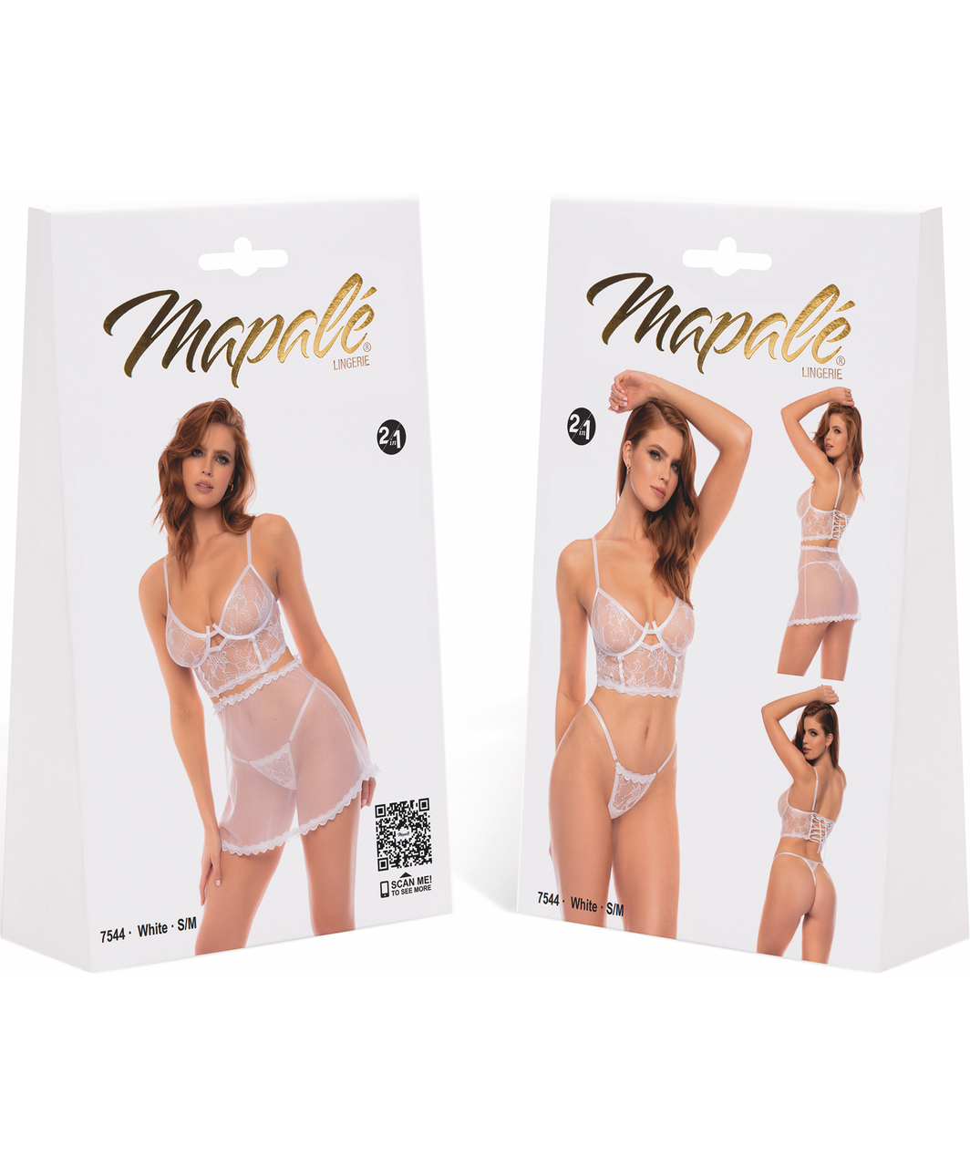 Mapale Hope 2-in-1 valkoinen läpikuultava verkkoalusvaatesetti & babydoll