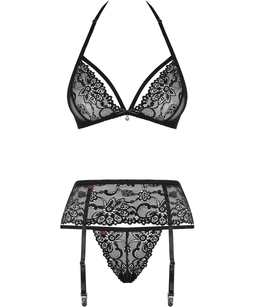 Obsessive black lace three-piece lingerie set