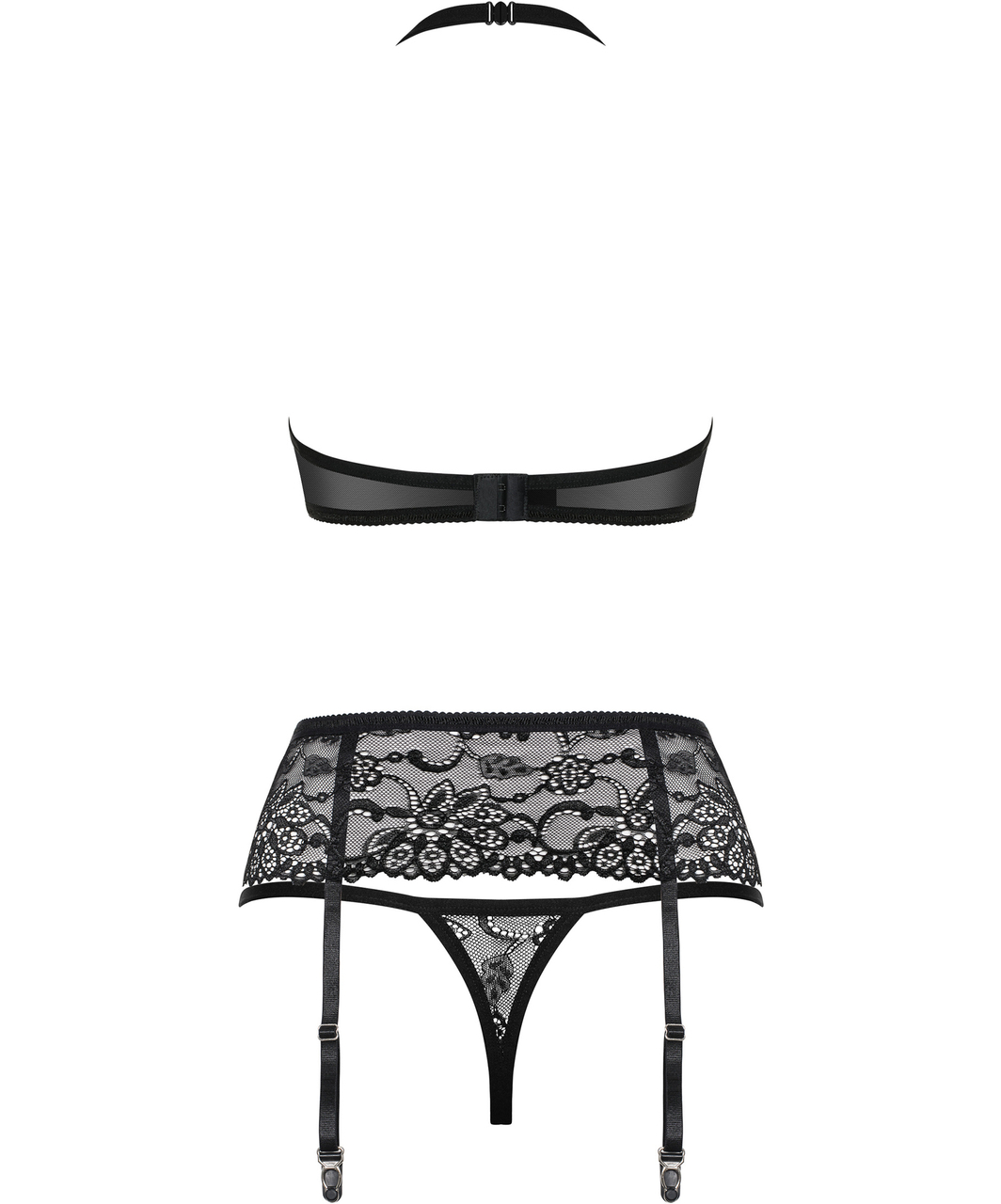 Obsessive black lace three-piece lingerie set