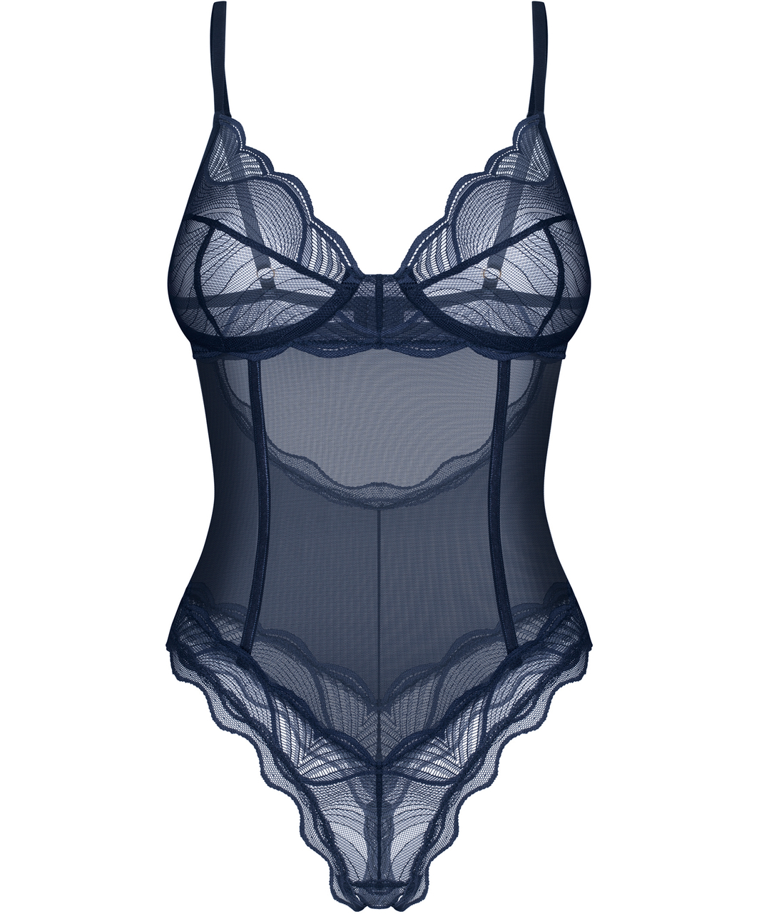 Obsessive Nightly Blue crotchless sheer mesh bodysuit