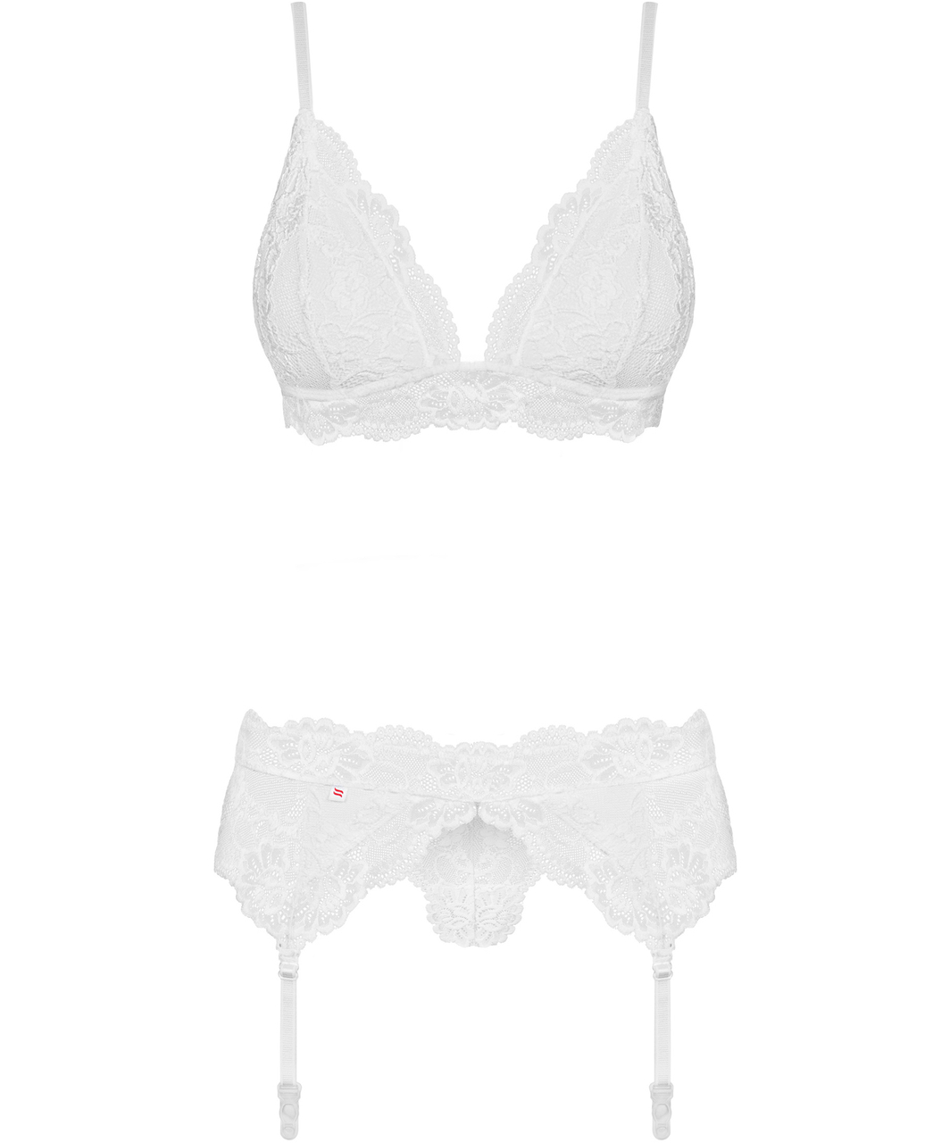 Obsessive white lace three-piece lingerie set