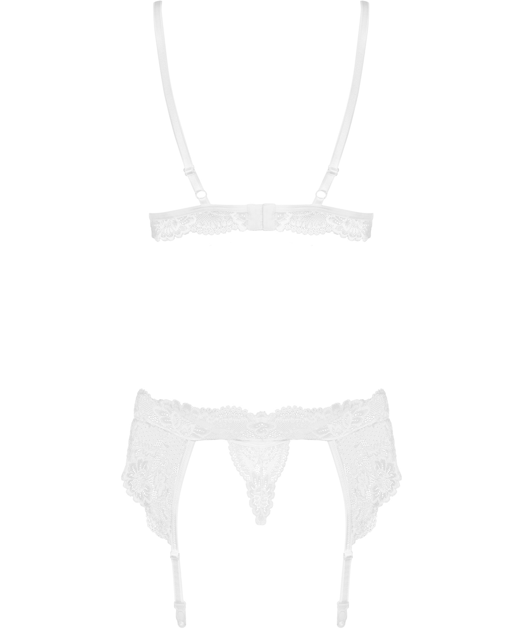 Obsessive white lace three-piece lingerie set