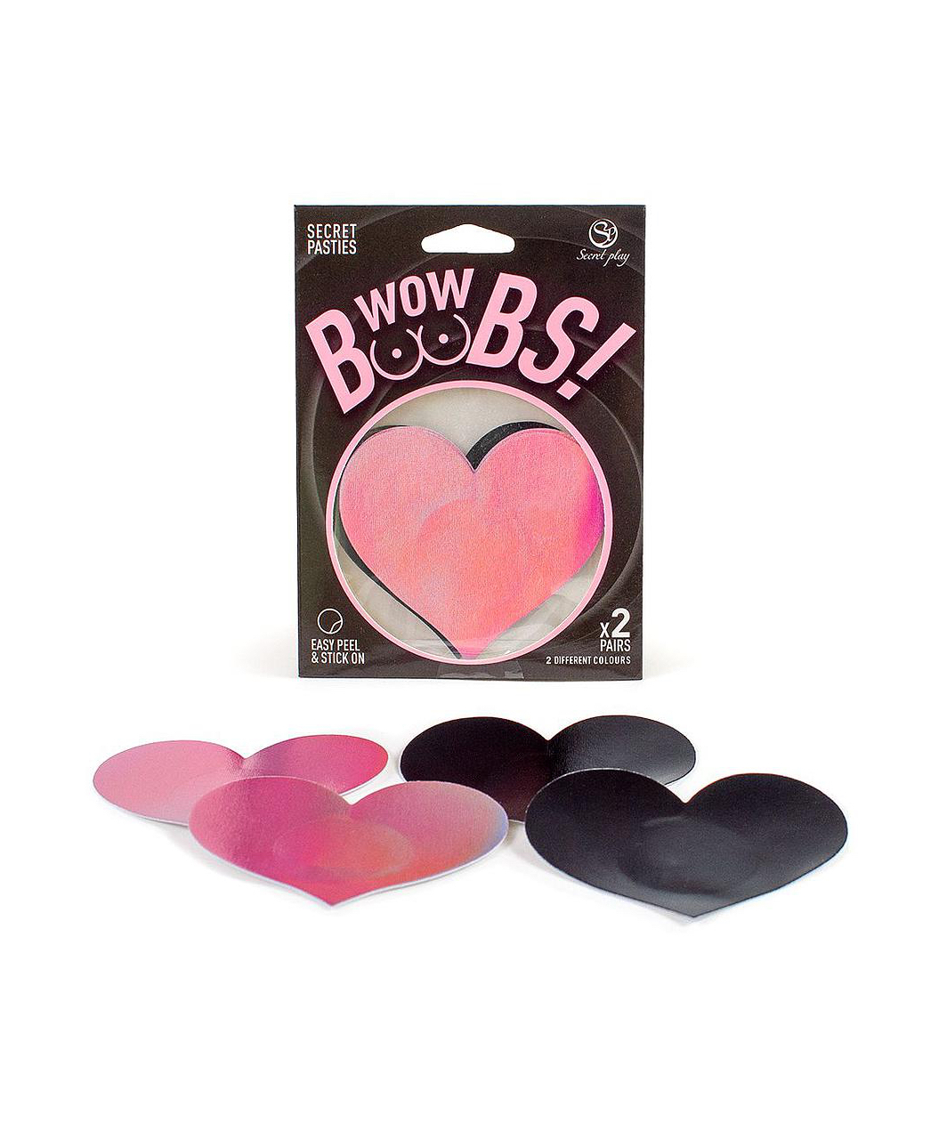 Secret Play Wow Boobs! Heart Pink Holographic & Black Satin pasties