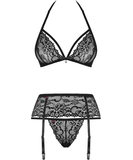 Obsessive black lace three-piece lingerie set