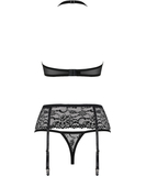 Obsessive black lace three-piece lingerie set