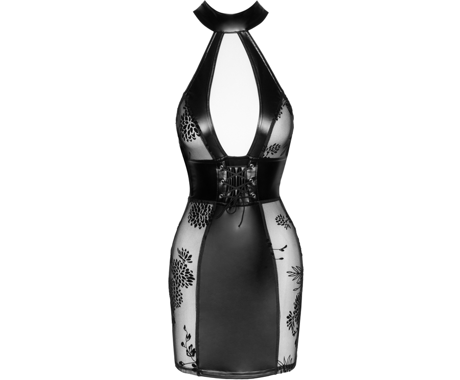 Noir Handmade Black Matte Look And Sheer Mesh Halter Mini Dress