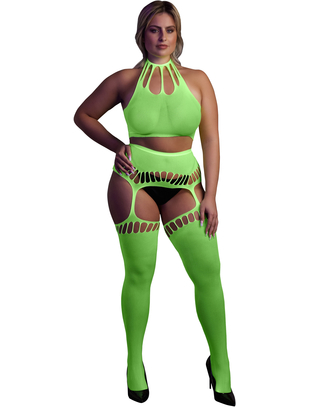 Ouch! Glow neon green net crop top & crotchless tights