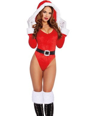 Dreamgirl Santa's Helper sarkans samtains bodijs ar kapuci - XL